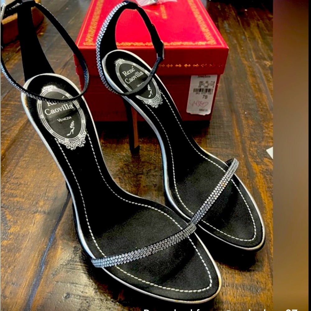 Rene Caovilla black/silver open toe heel
